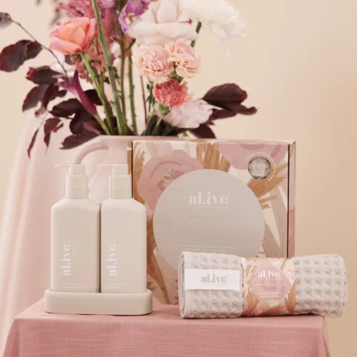 al.ive – A Moment in Bloom – Kitchen Duo – Dishwashing, Hand Wash + Waffle Towel Gift Set $65.00