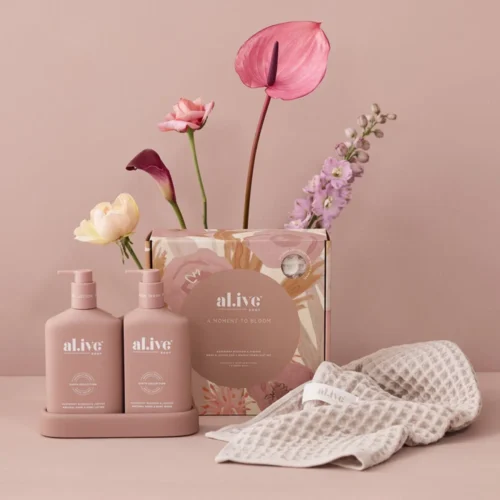 al.ive – A Moment in Bloom – Wash & Lotion Duo + Waffle Towel Gift Set – Raspberry Blossom & Juniper $ 89.00